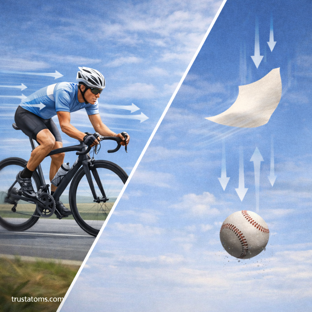 Split illustration showing a cyclist moving through air and falling objects like paper and a baseball demonstrating air resistance and drag forces.