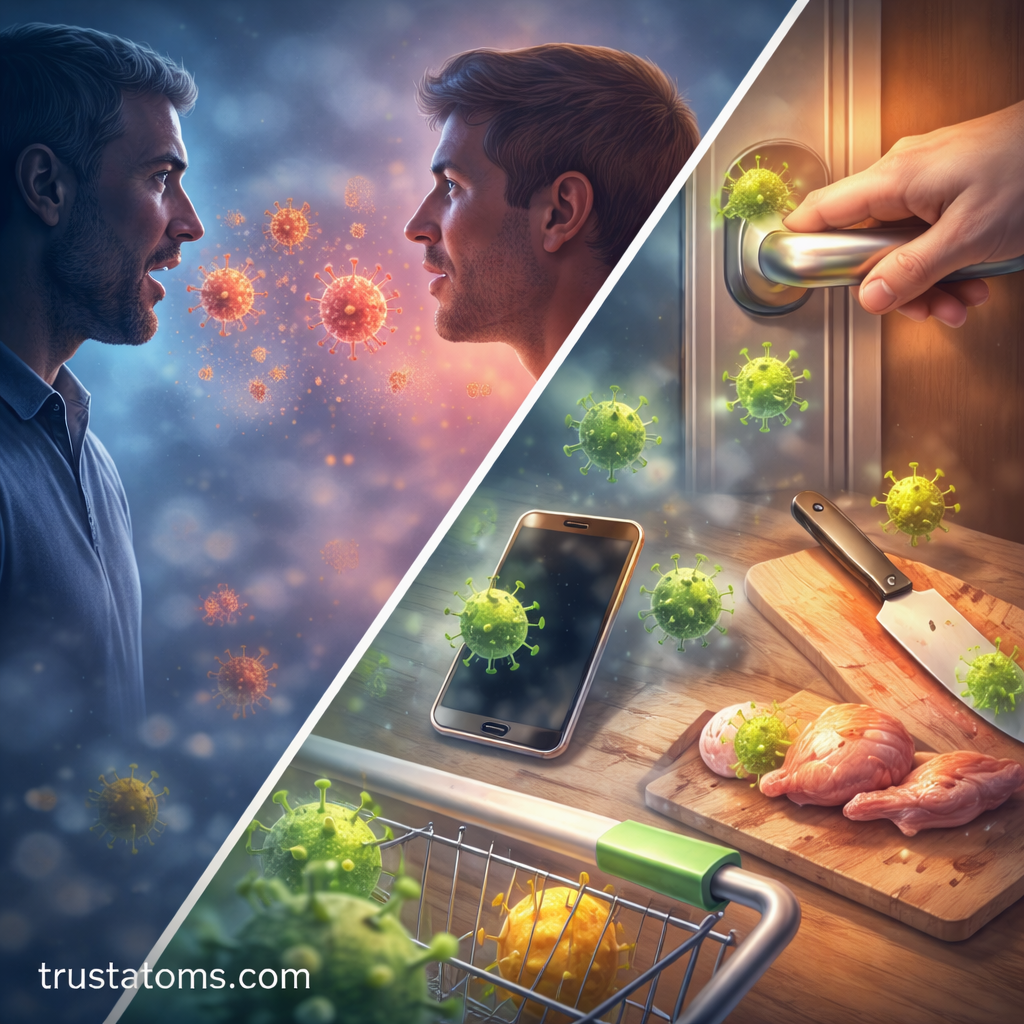 Split educational illustration showing airborne pathogen transmission between people on one side and contaminated surfaces spreading microbes on the other.