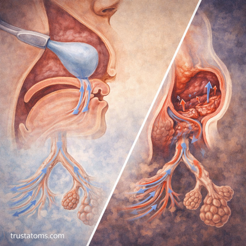 Split illustration comparing normal smooth airflow in healthy airways and turbulent airflow in obstructed airways.