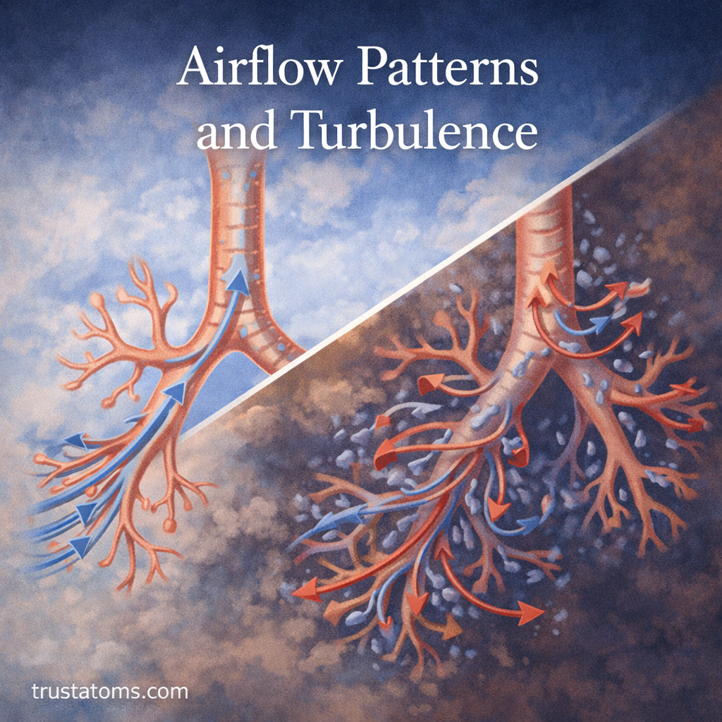Illustration comparing laminar and turbulent airflow patterns in the human respiratory system.