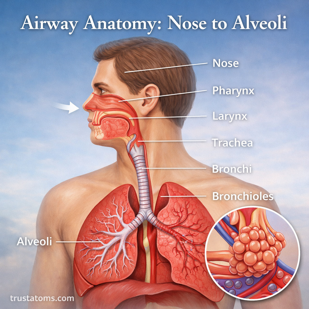 Diagram of airway anatomy showing the path of air from the nose through the pharynx, larynx, trachea, bronchi, and into the alveoli in the lungs.