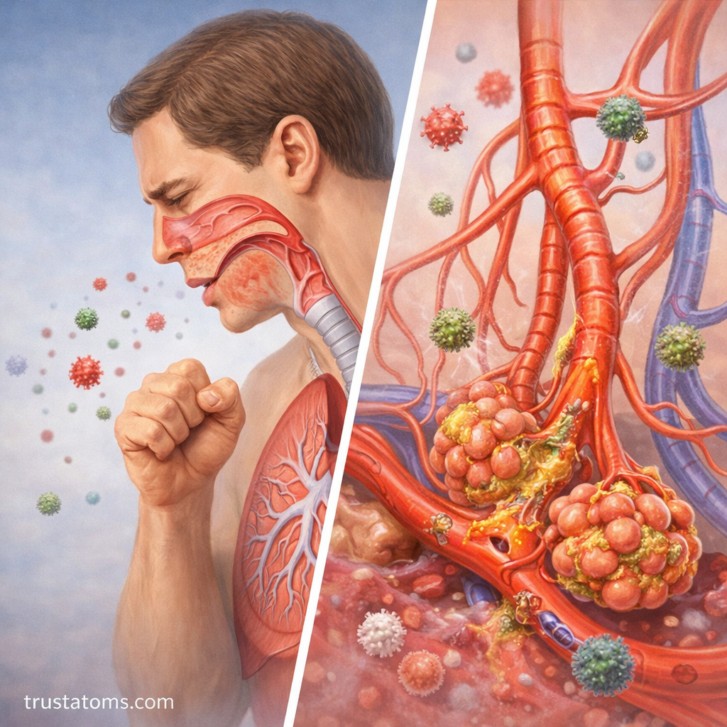 Split diagram showing a person coughing on one side and inflamed bronchioles and alveoli with mucus and pathogens on the other side.