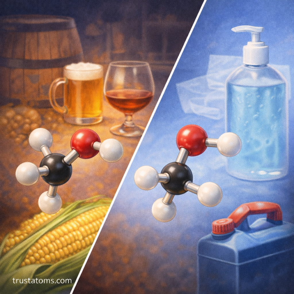 Split illustration showing alcohol molecules with examples including fermentation beverages, corn-based ethanol production, and hand sanitizer.