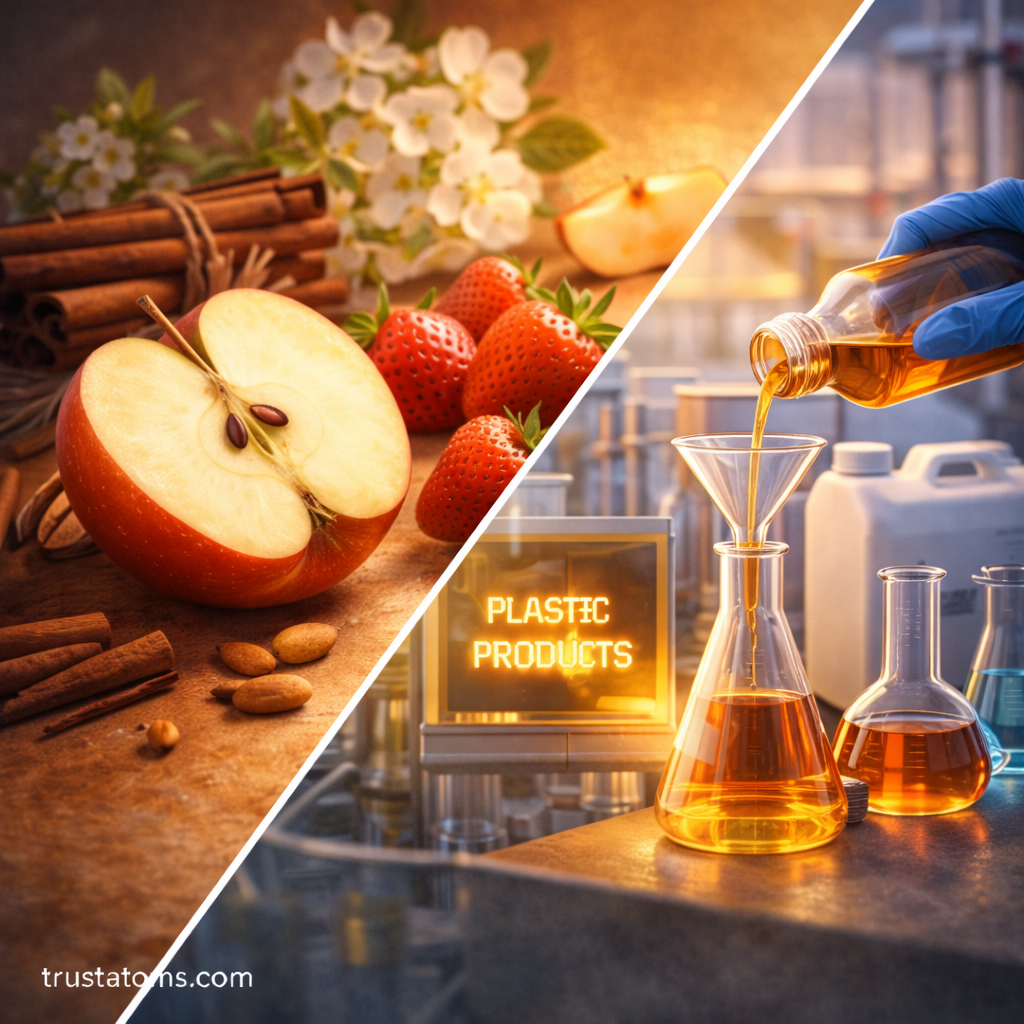 Split educational illustration showing fruits and spices that naturally contain aldehydes on one side and laboratory glassware with industrial chemical processing on the other.