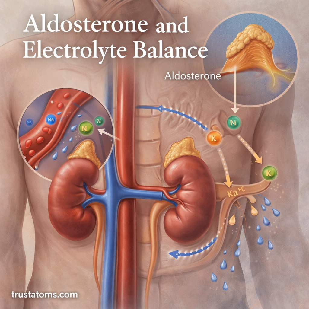 Illustration showing aldosterone regulation of sodium and potassium balance through kidneys and adrenal glands.
