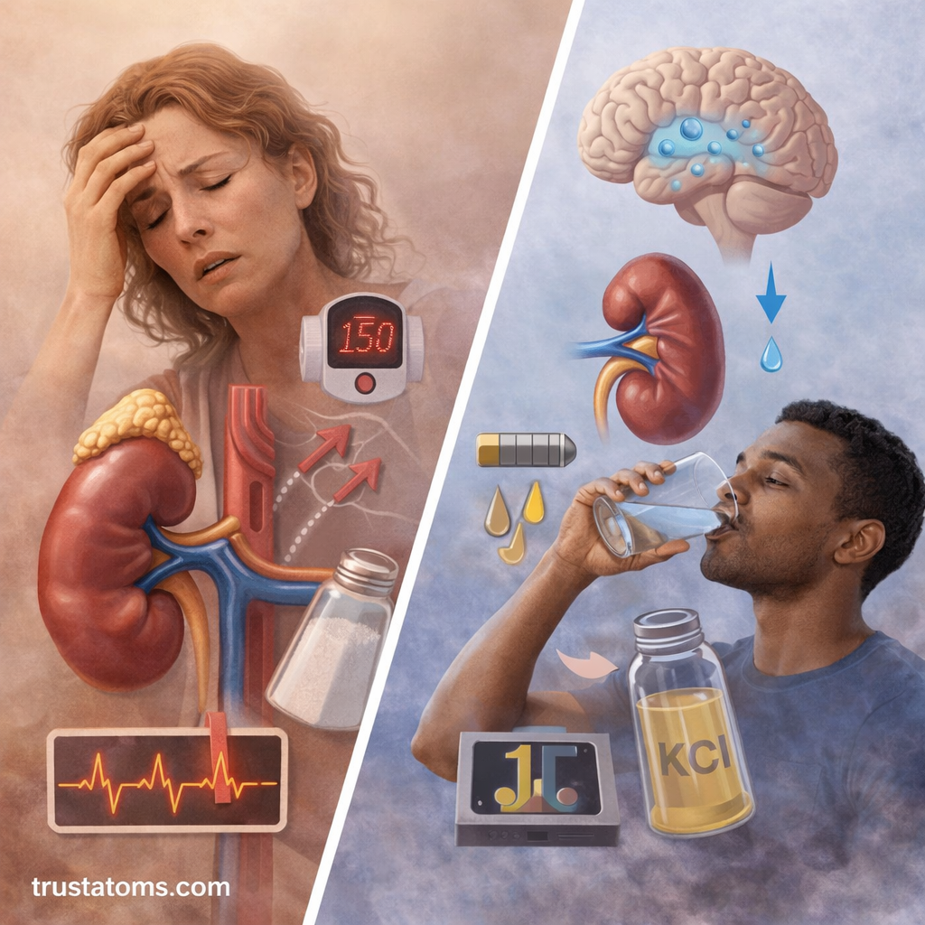 Split illustration showing effects of high and low aldosterone on electrolyte balance, blood pressure, and hydration.