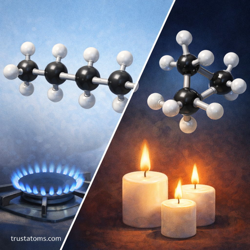 Illustration comparing a straight-chain alkane and a branched alkane with everyday fuel examples like a gas burner and candles.
