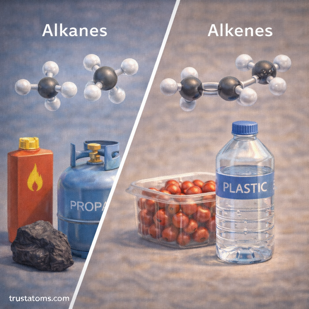 Illustration comparing two hydrocarbon types with everyday examples, showing fuels and propane representing alkanes on one side and plastic products representing alkenes on the other.