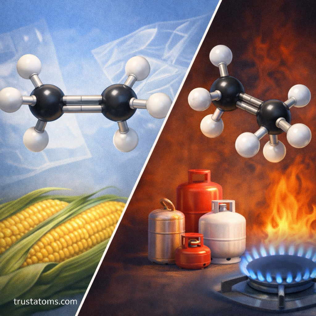 Illustration comparing two alkene molecular shapes with real-world contexts such as agriculture and fuel energy sources.