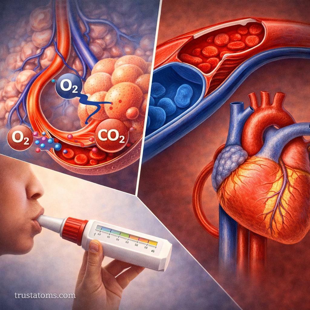 Split illustration showing oxygen and carbon dioxide exchange in alveoli alongside blood flow through the heart and vessels.