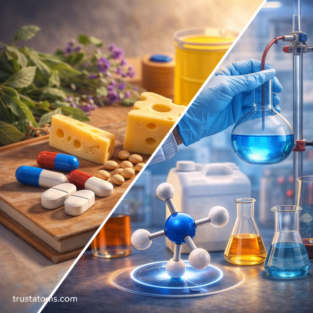 Split educational illustration showing foods and medicines containing amines on one side and laboratory chemistry equipment with a molecular model on the other.