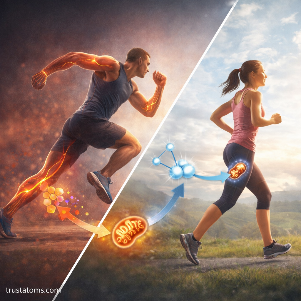 Split illustration showing anaerobic energy system during sprinting and aerobic energy system during jogging.