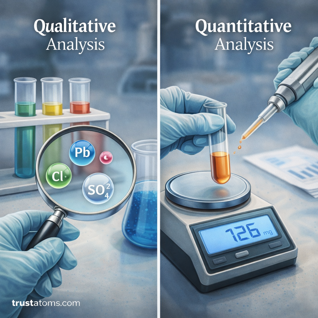 Split illustration showing qualitative analysis identifying chemicals in test tubes and quantitative analysis measuring a liquid sample on a digital laboratory scale.