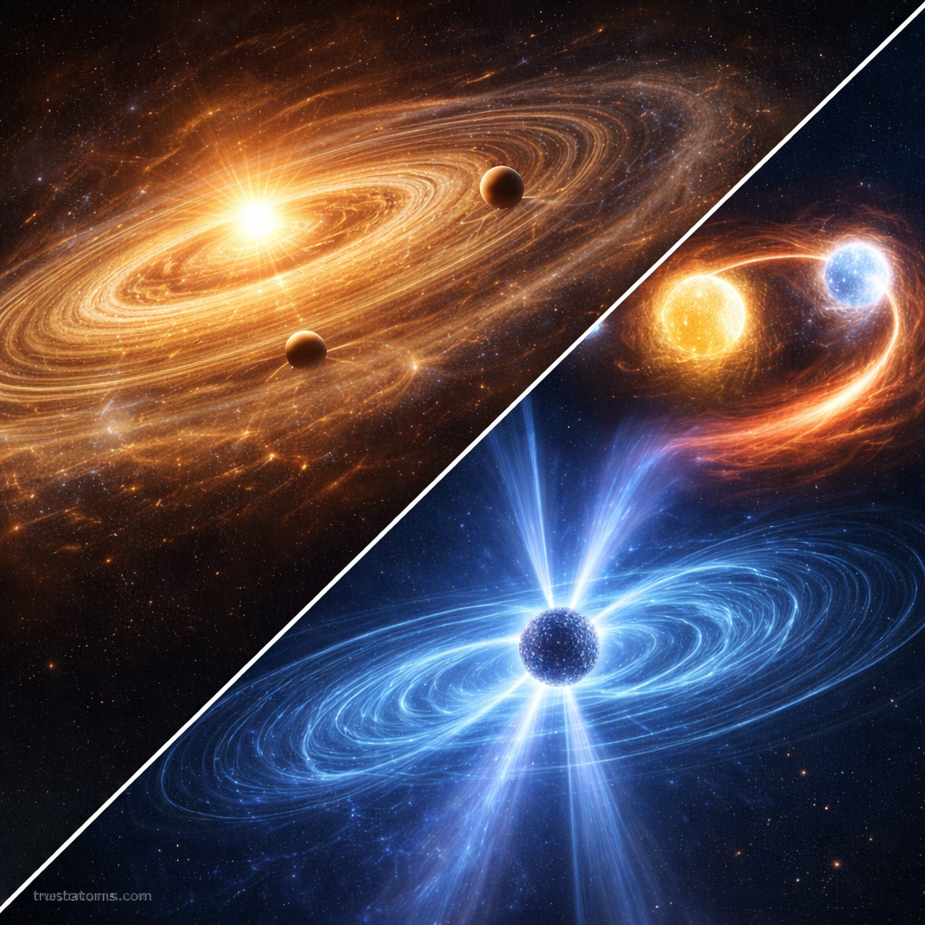 Split-diagonal illustration showing a rotating protoplanetary disk forming planets on one side and a binary star system with a spinning pulsar on the other, demonstrating angular momentum conservation in space.