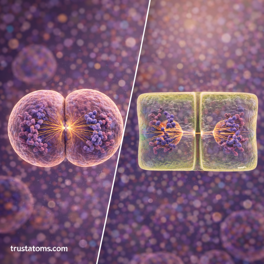Split diagram showing cytokinesis in animal cells and plant cells during the final stage of mitosis.