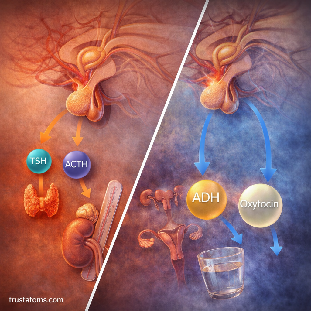 Split illustration showing anterior pituitary hormones affecting thyroid and adrenal glands and posterior pituitary hormones affecting kidneys and uterus.