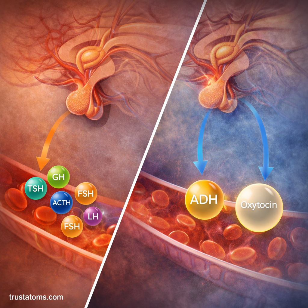 Split illustration showing anterior pituitary hormones GH, TSH, ACTH, FSH, and LH, and posterior pituitary hormones ADH and oxytocin.
