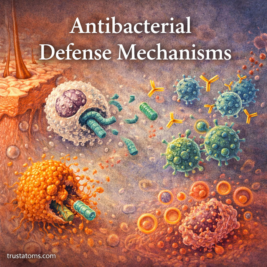 Illustration showing immune cells engulfing bacteria along with antibodies targeting bacterial pathogens.
