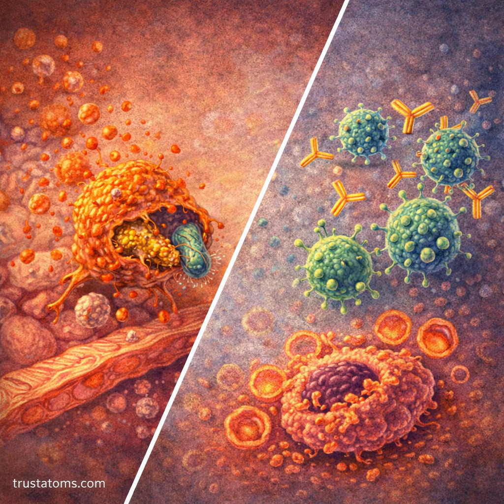 Diagonal split illustration showing phagocytes engulfing bacteria on one side and antibodies and complement proteins attacking bacteria on the other.