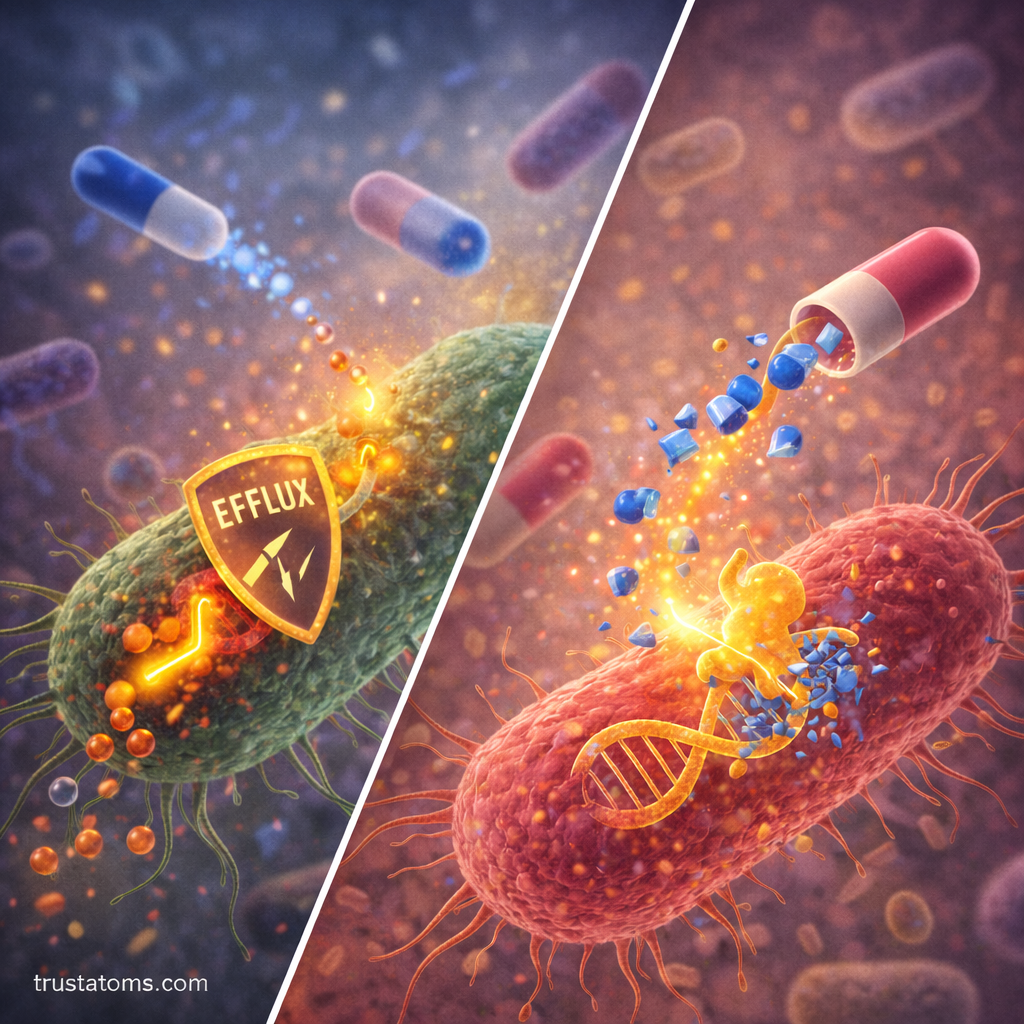 Split diagram showing bacterial antibiotic resistance mechanisms including efflux pumps pushing antibiotics out and enzymes breaking down antibiotic molecules.