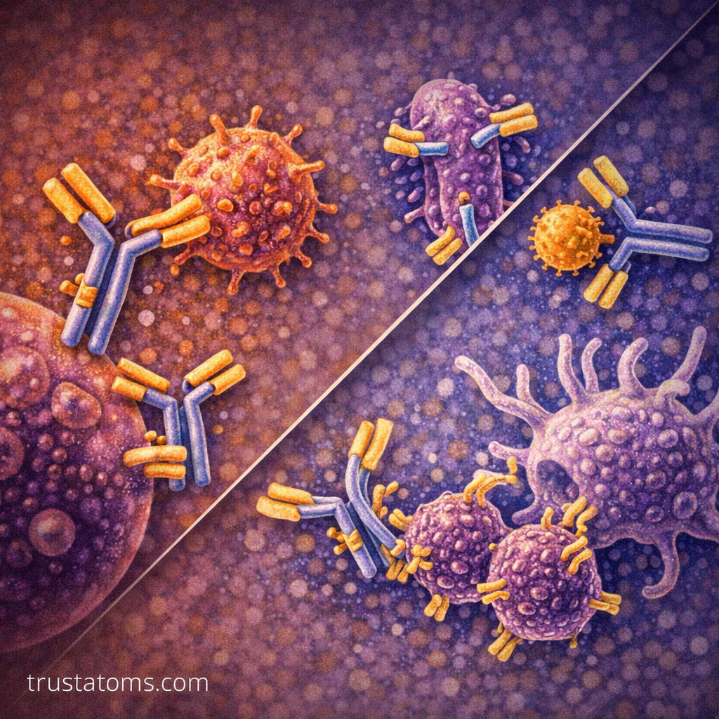 Diagonal split illustration showing antibodies binding to viruses and bacteria and marking them for destruction by immune cells.