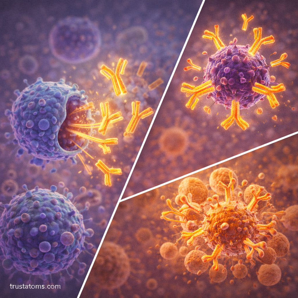 Split illustration showing antibody production by immune cells and antibodies binding to pathogens during an immune response.
