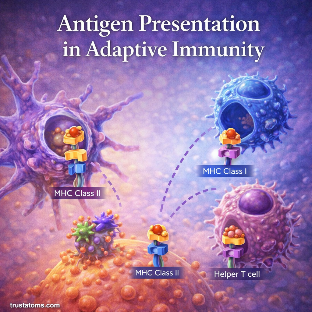 Illustration showing antigen presentation in adaptive immunity with antigen-presenting cell, MHC molecules, and T cell activation.