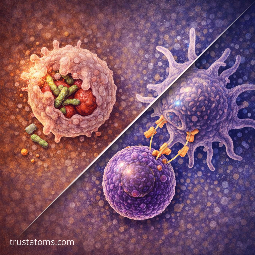 Diagonal split illustration showing a macrophage engulfing bacteria and a dendritic cell presenting antigens to a T cell.