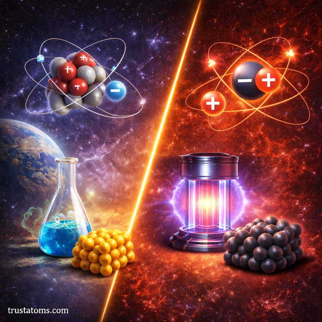 Educational split diagram comparing matter particles and antimatter particles with atomic structures and particle clusters.