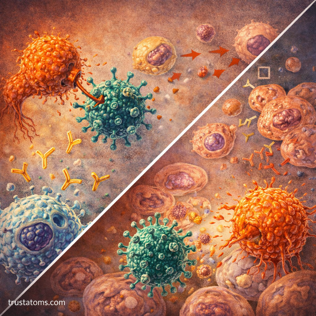 Diagonal split illustration showing immune cells attacking viruses on one side and infected cells signaling antiviral responses on the other.