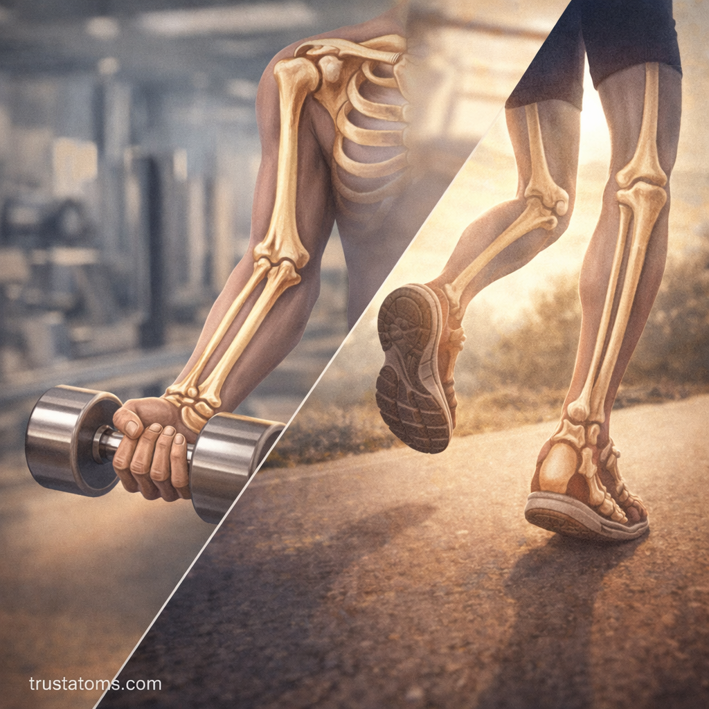 Split illustration showing arm lifting a dumbbell and legs running, highlighting appendicular skeleton bones in motion.