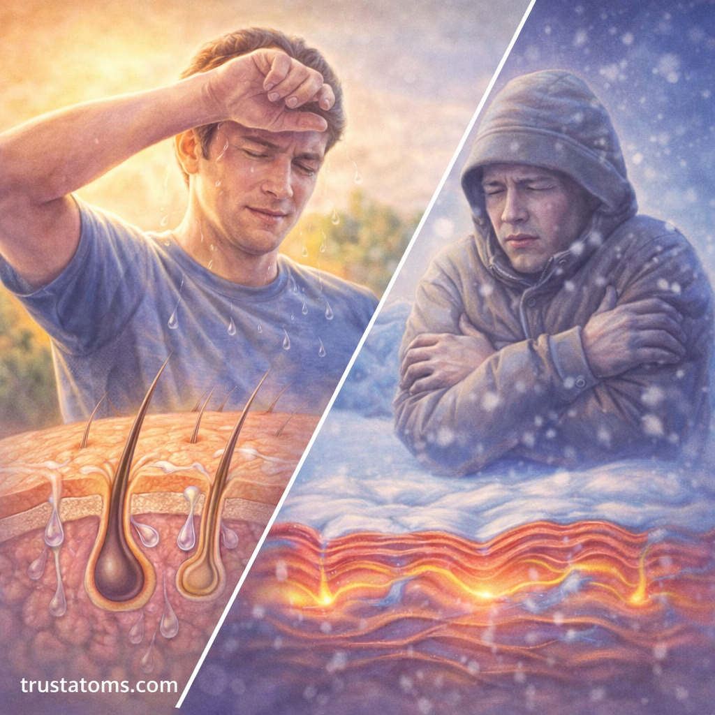 Split illustration showing physical hunger and fullness responses representing appetite hormone signaling in the body.