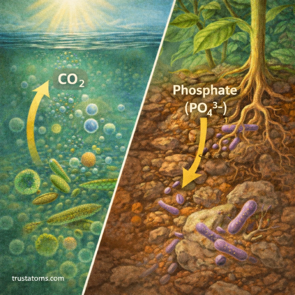 Split illustration showing aquatic microbes releasing carbon dioxide in the carbon cycle on one side and soil bacteria making phosphate available to plant roots on the other.