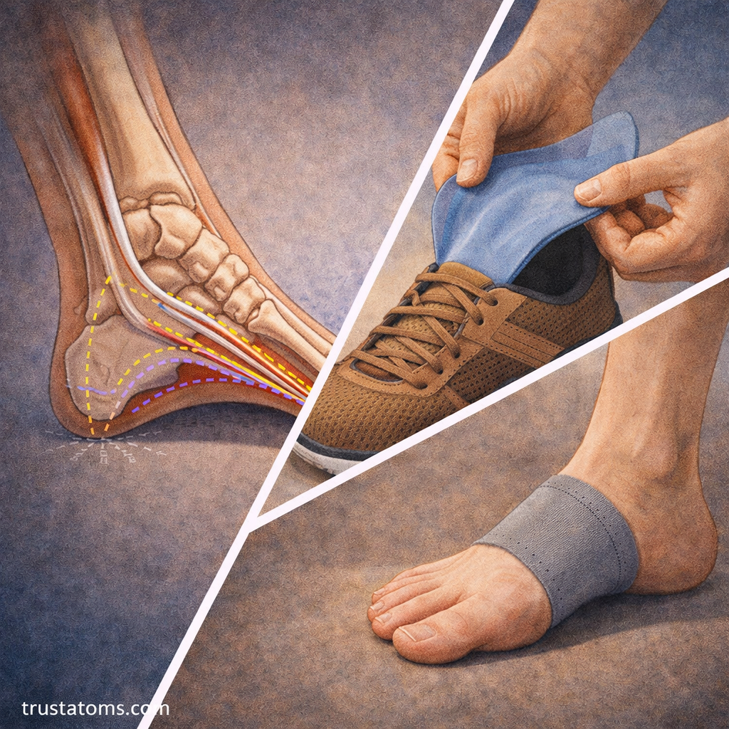 Split illustration showing foot arch structure alongside orthotic inserts and supportive foot braces.