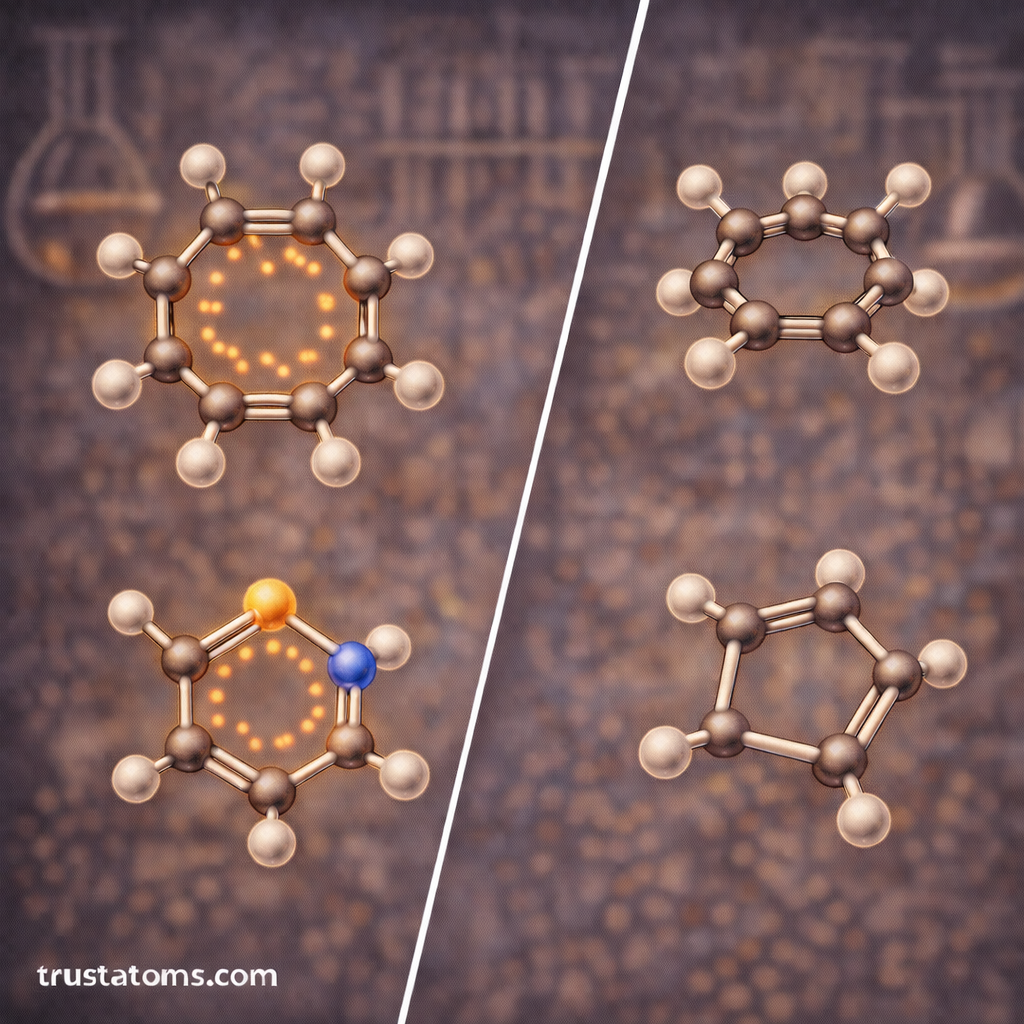 Split illustration comparing aromatic and non-aromatic organic ring compounds with delocalized electrons in aromatic rings.