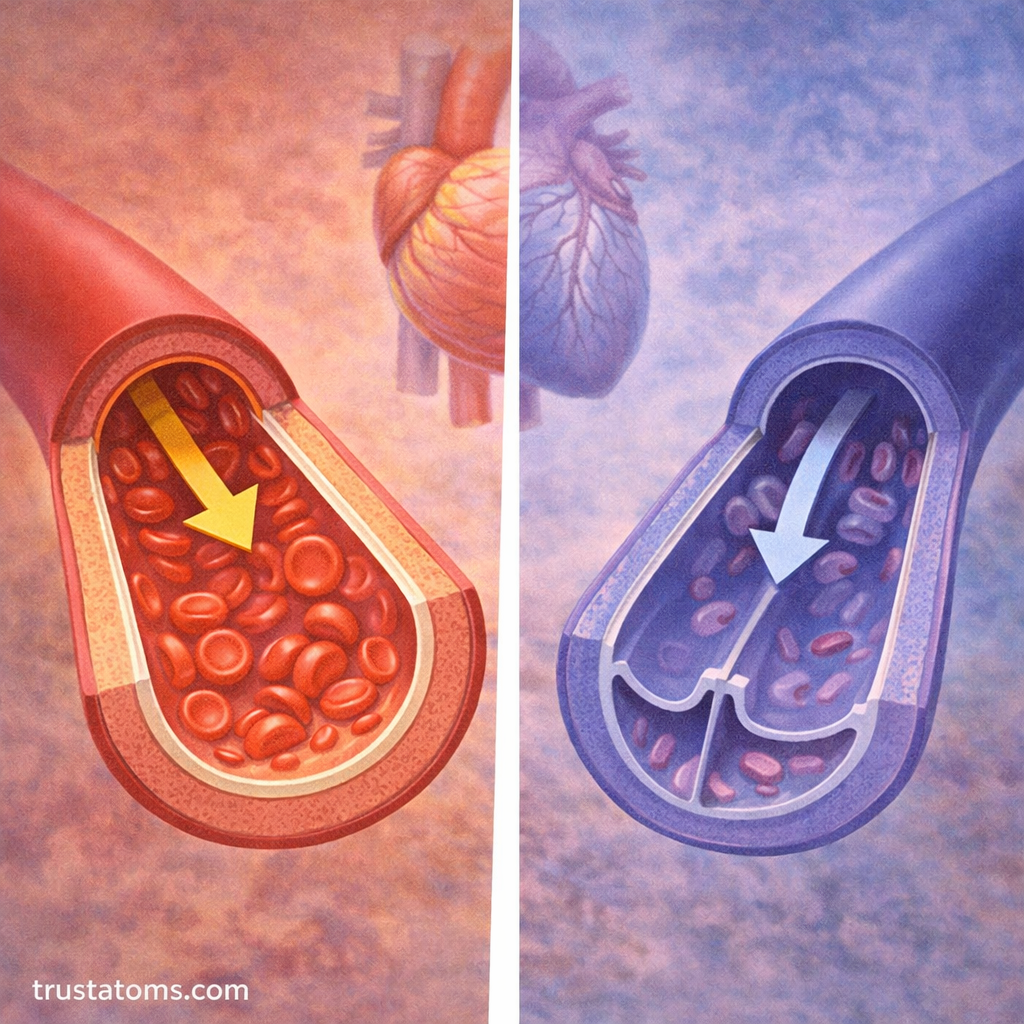 Split diagram comparing artery and vein structure, showing thick arterial walls with high-pressure blood flow and veins with valves and lower pressure flow.