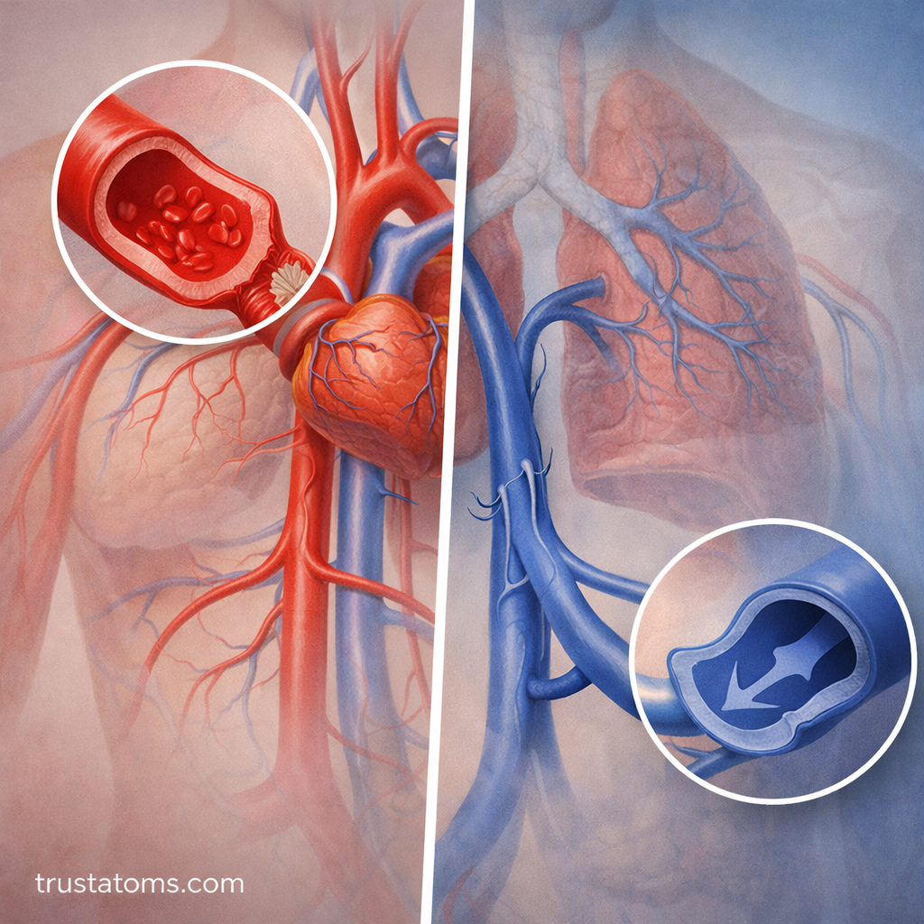 Split illustration comparing artery and vein structures with blood flow differences.