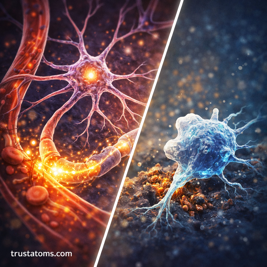 Split illustration showing astrocytes supporting neurons and microglia removing debris in the nervous system.