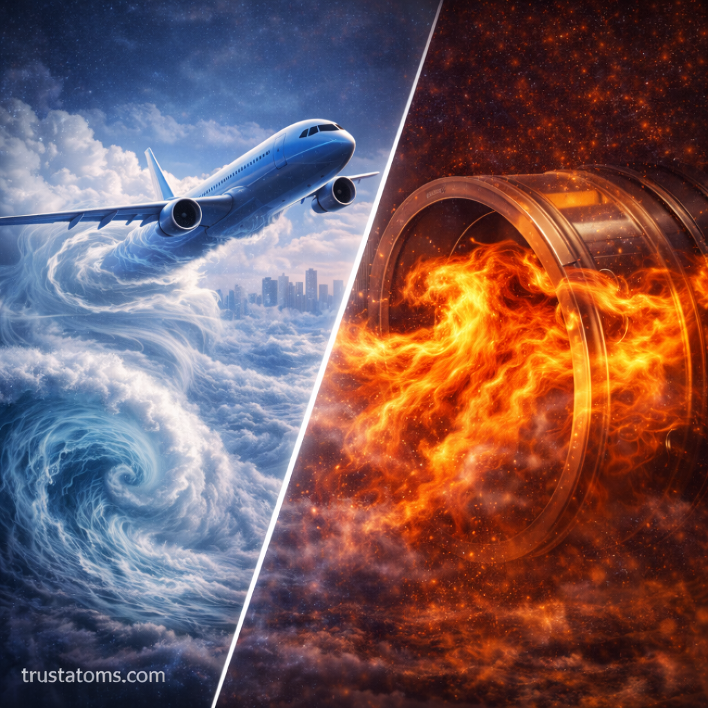 Diagonal split illustration comparing atmospheric turbulence around an airplane with combustion turbulence inside an industrial chamber.