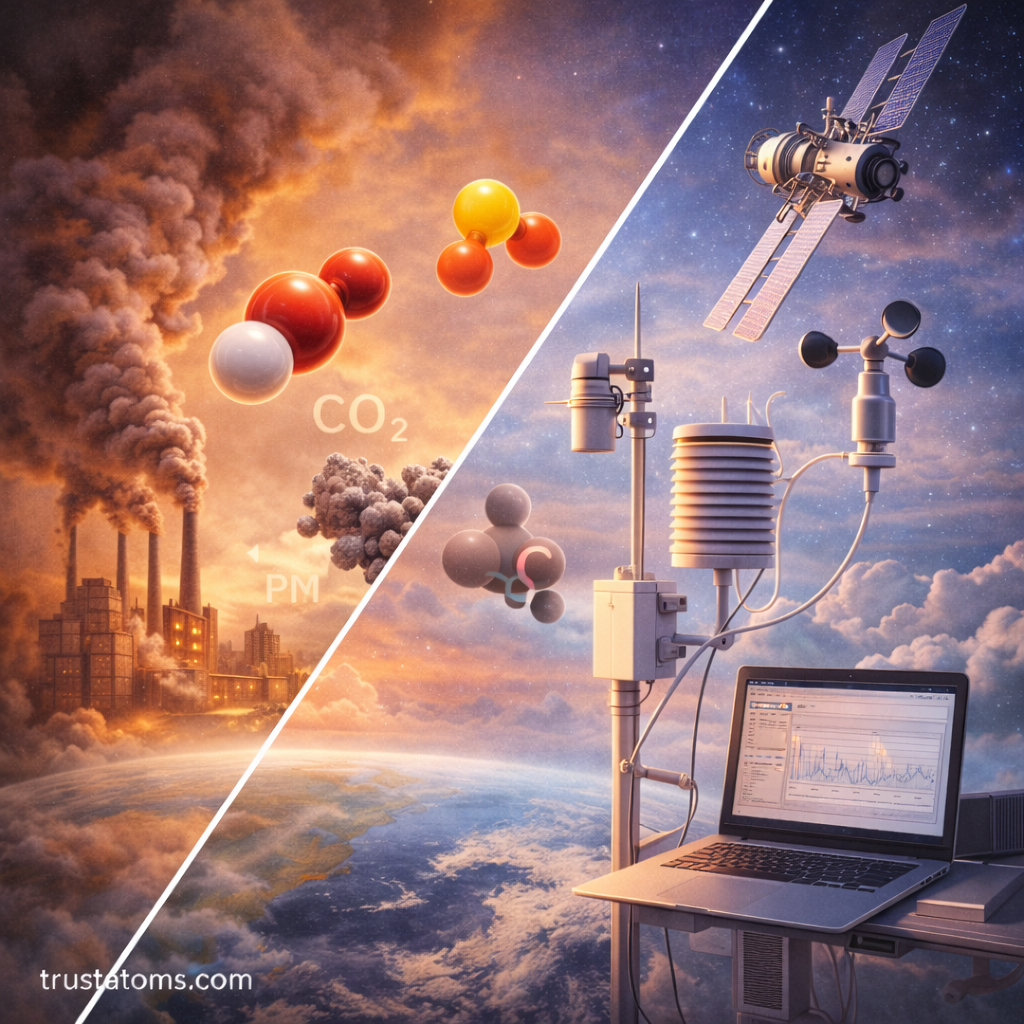 Split educational illustration showing industrial air pollution and atmospheric gases on one side and scientific instruments monitoring air quality and satellites studying the atmosphere on the other.