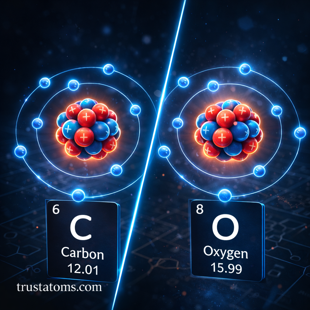 Split illustration comparing carbon and oxygen atoms to show difference between atomic number and atomic mass.