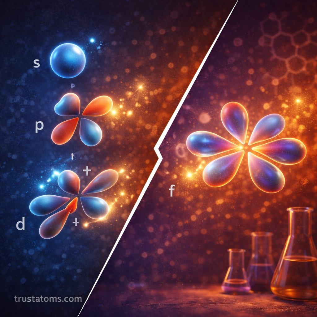 Split illustration showing different atomic orbital shapes including s, p, d, and f orbitals used to explain electron regions in atoms.