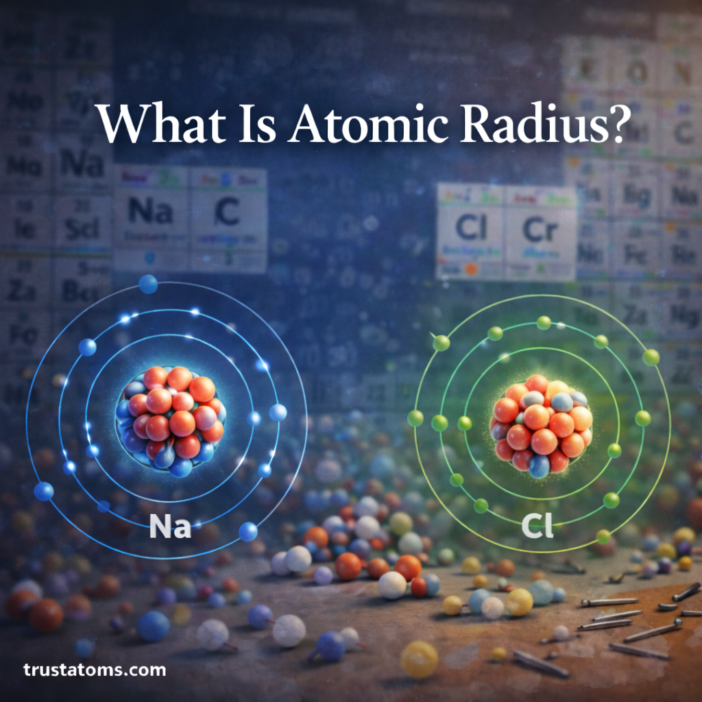Illustration showing two atoms with visible electron shells representing the concept of atomic radius and atomic size in chemistry.