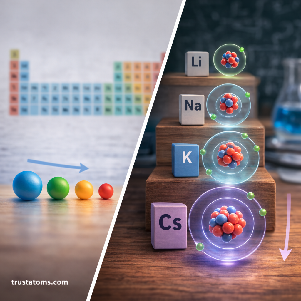 Split illustration showing atoms decreasing in size across a period on one side and increasing in size down a group on the other.