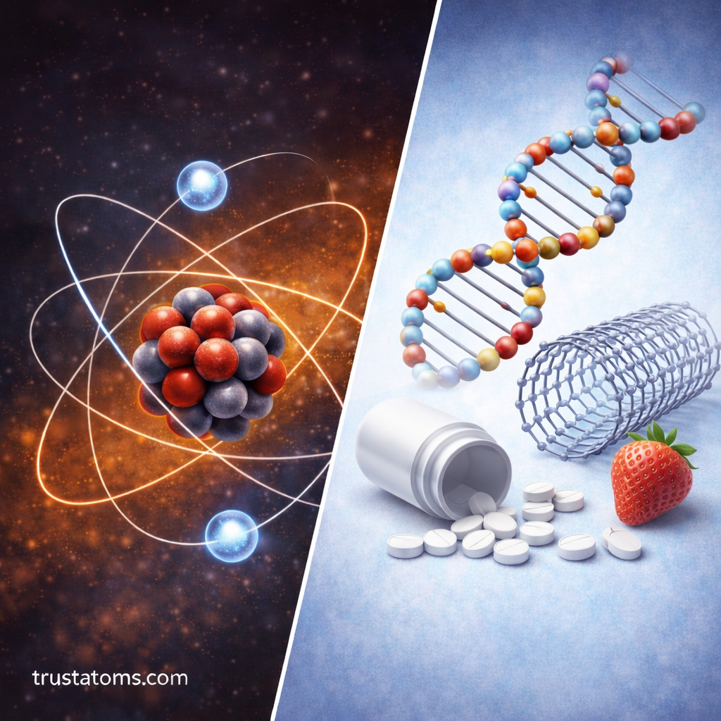 Diagonal split illustration showing atomic structure on one side and real-world examples like DNA, nanomaterials, medicine, and food on the other, with trustatoms.com watermark.