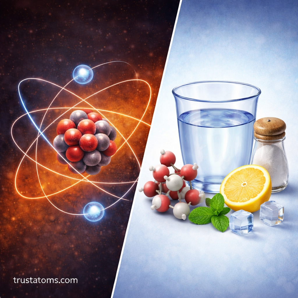 Diagonal split illustration showing a simplified atomic structure on one side and everyday substances like water, salt, lemon, and ice on the other, with trustatoms.com watermark.
