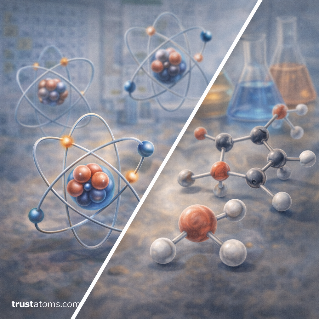 Split illustration showing atomic structures on one side and molecular models with laboratory glassware on the other, representing the building blocks of chemistry.