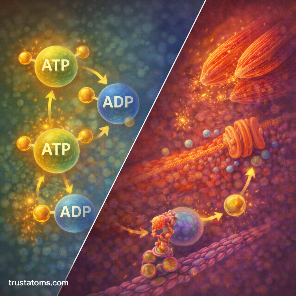 Split educational illustration showing the ATP to ADP energy cycle on one side and ATP powering cellular processes like muscle contraction and membrane transport on the other.