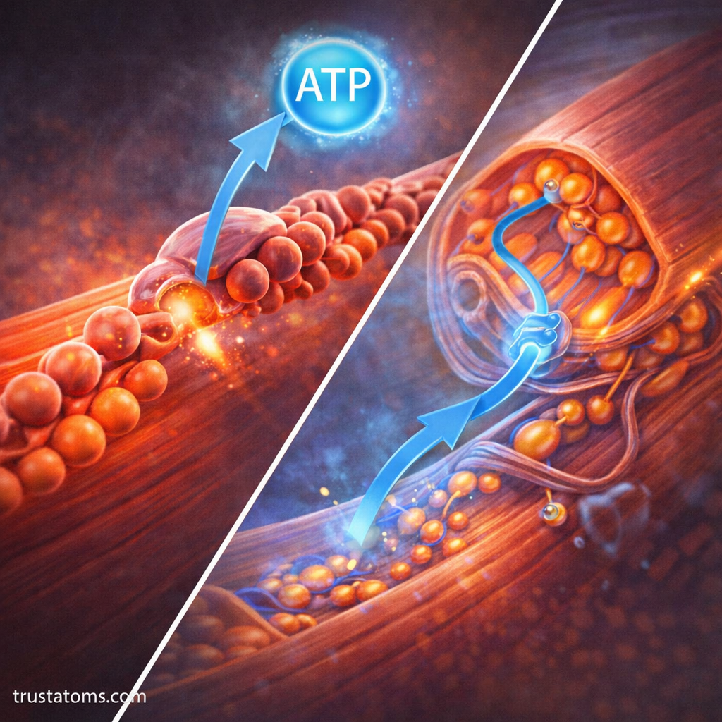 Split illustration showing ATP role in muscle contraction and relaxation with actin myosin interaction and calcium ion movement.