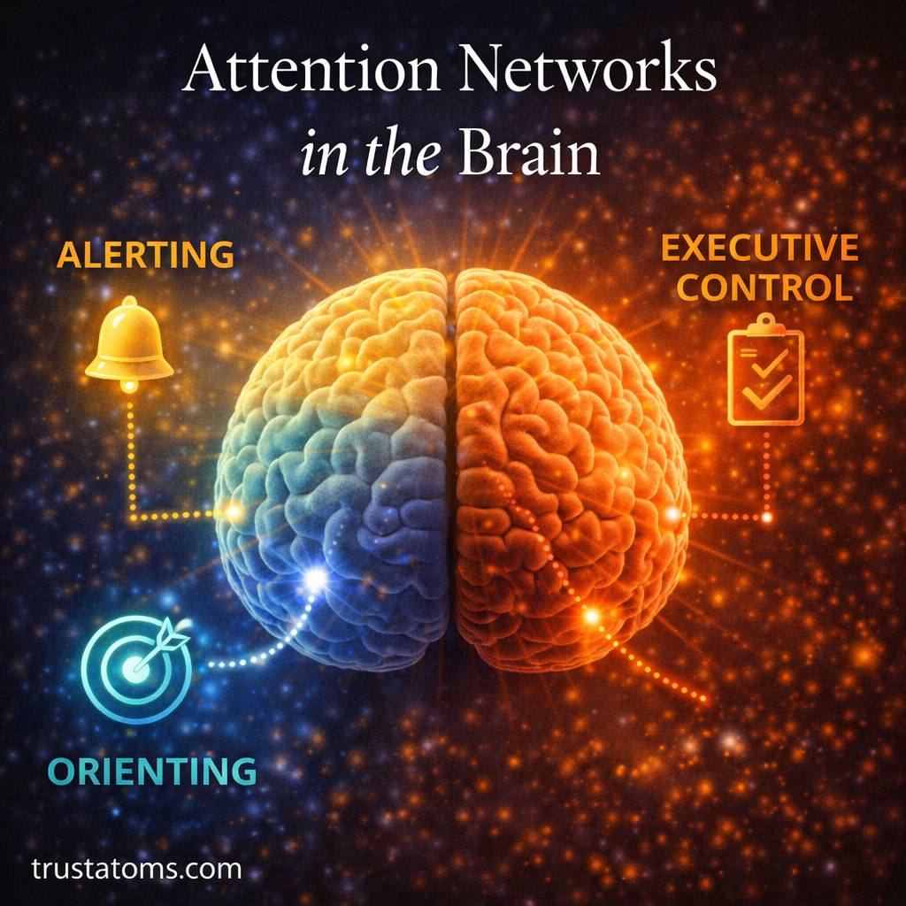 Illustration of the brain highlighting alerting, orienting, and executive control attention networks with distinct colored regions.